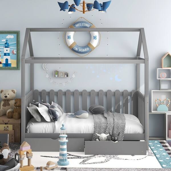 slide 2 of 23, Twin Size Wooden House Bed, Bed Frame with Fence-Shaped Guardrail Grey - Twin
