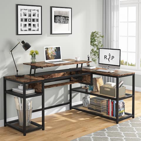 L-Shaped Lift Top Desk with Storage Shelves, 63 Inch Computer Desk Office Standing Desk for Home Office