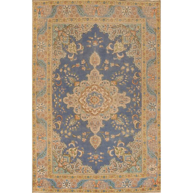 Hand Knotted Oriental 100% Wool Carpet Traditional Floral Navy Blue & Blues Tabriz Area Rug - 9' 10'' X 6' 7''