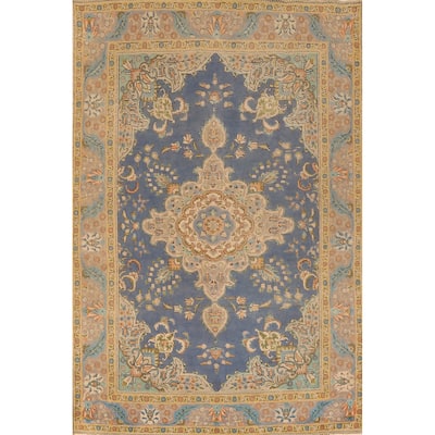 Hand Knotted Oriental 100% Wool Carpet Traditional Floral Navy Blue & Blues Tabriz Area Rug - 9' 10'' X 6' 7''