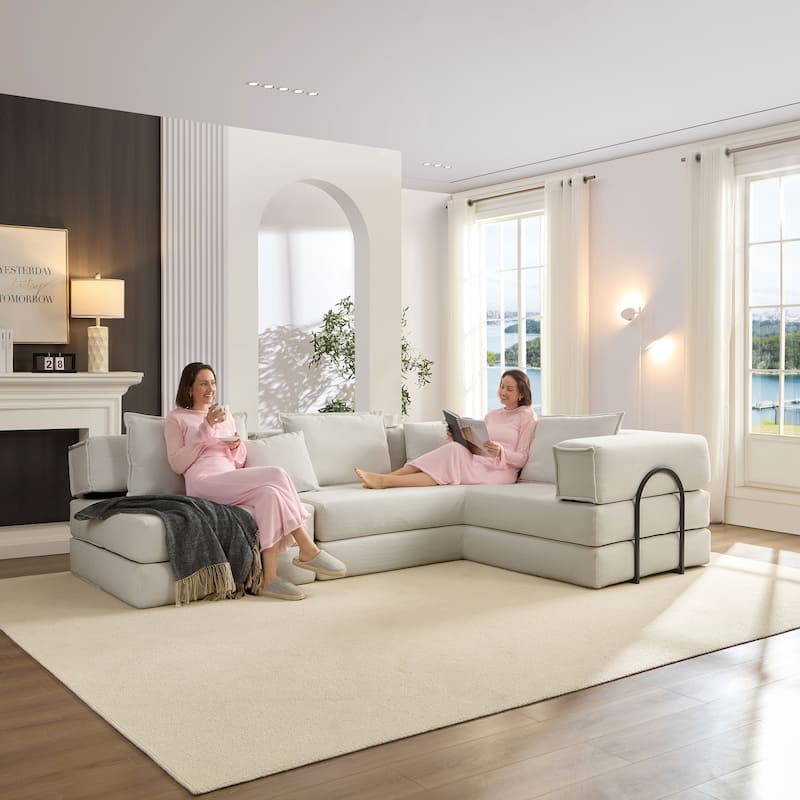 DIY Modular Corduroy L-Shaped Floor Sofa Set with 6 Pillows