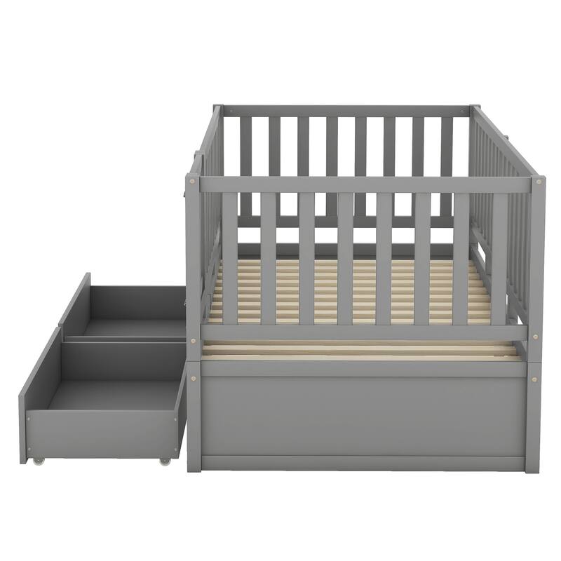 Modern Wood Daybed with Fence Guardrails and 2 Drawers