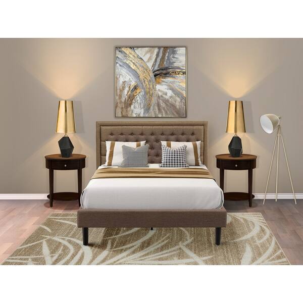 slide 2 of 30, 3 Pc Bed Set - Bed Frame with Brown Linen Fabric Padded - Button Tufted Headboard - 2 Wooden Nightstand (Bed Size Options) KD18Q-2HI0M