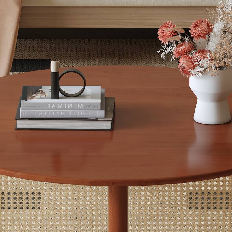 33.5" Modern Round Coffee Table with Artificial Rattan Decorations for Living Room