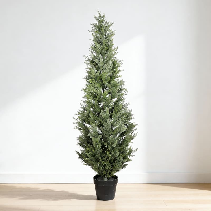 5FT Artificial Cypress Tree in Black Plastic Pot UV Resistant, Realistic Indoor Outdoor Fake Topiary Plant, 1pc/set