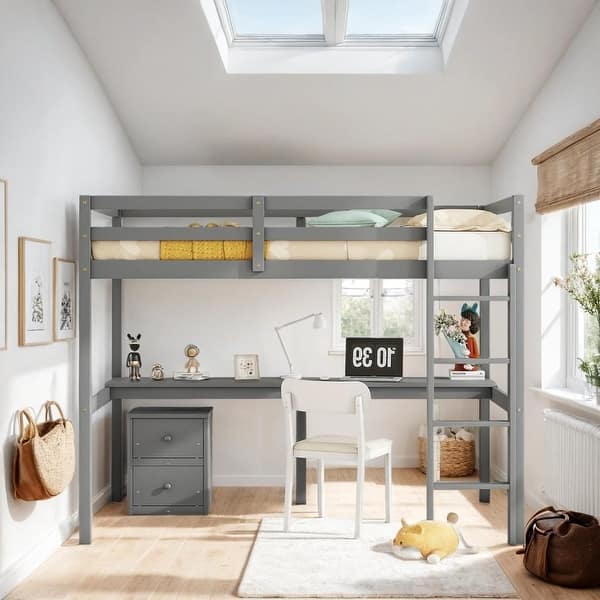slide 2 of 24, Twin Loft Wood Bed with Under-bed, Built-in Desk, Grey