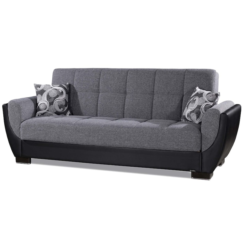 HomeRoots 93" Black And Gray Chenille And Faux Leather Convertible Futon Sleeper Sofa With Toss Pillows And Storage