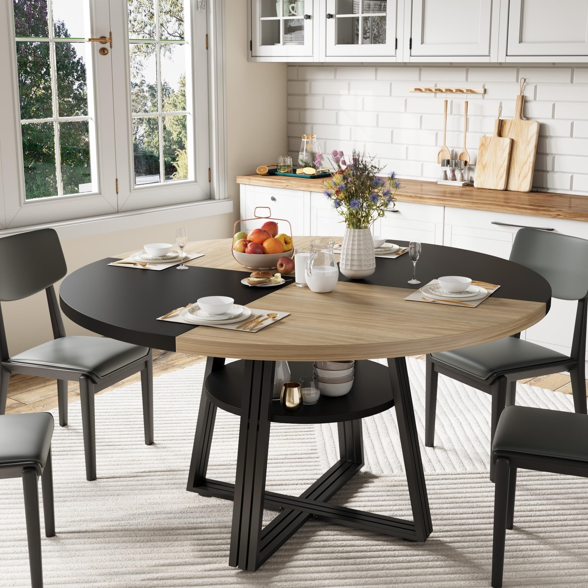 Round Dining Table for 4-6, 47" Kitchen Table with Storage Shelf