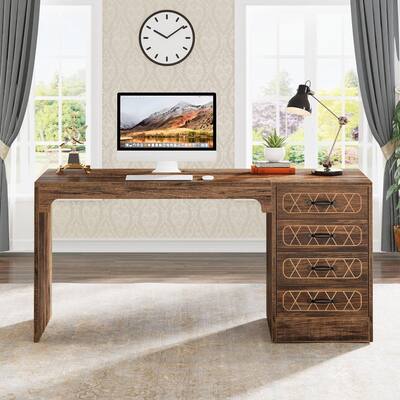 59" Computer Desk with 4 Drawers, Home Office Desk with Reversible Drawer Cabinet