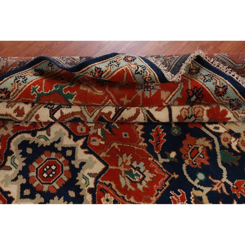 Hand Knotted Oriental 100% Wool Carpet Traditional Medallion Navy Blue & Blues Heriz (serapi) Area Rug - 11' 11'' X 9' 0''