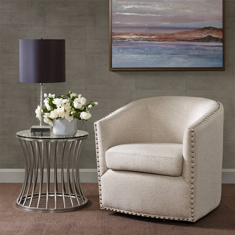 Roomfitters Swivel Accent Chair, Upholstered Barrel Armchair with 360 Degree Metal Base and Nailhead Trim