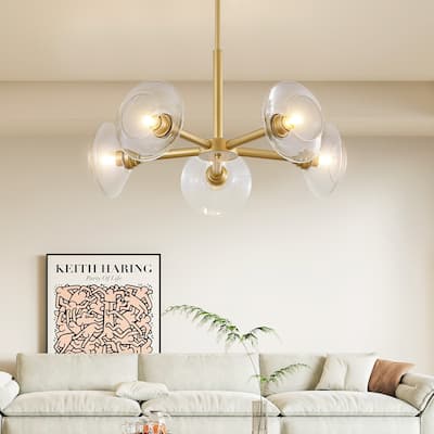 26" Modern Gold 5-Light Sputnik Chandelier with Clear Glass Shades, Hanging Pendant Light Fixture for Dining Room, Living Room