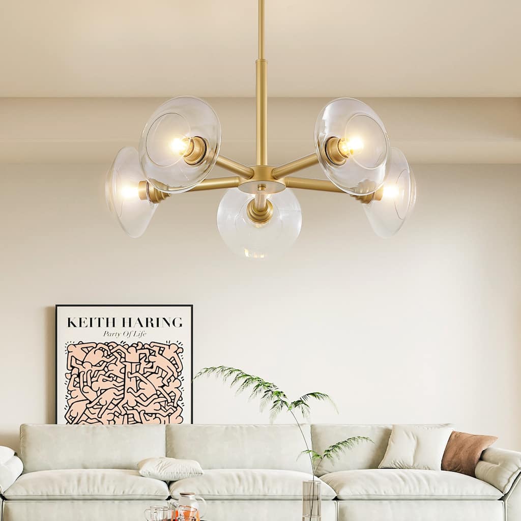 Mid-Century Chandelier, 5-Light Gold Chandelier with Clear Glass Shades, for Dining Room, Kitchen Island and Living Room