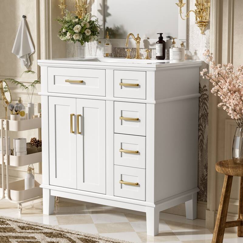30" Bathroom Vanity with Ceramic Sink - Modern Cabinet with Soft-Close Doors, Deep Drawer & Standard Drawer