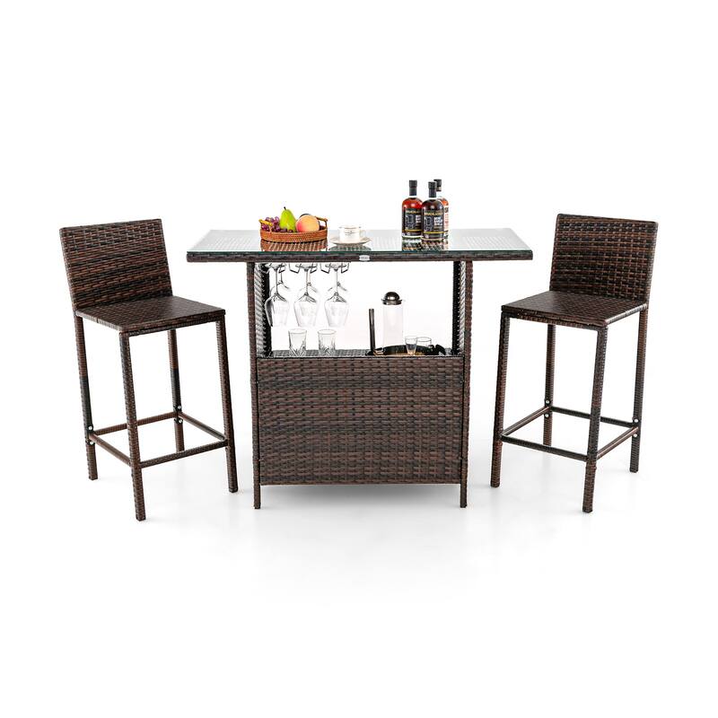 Gymax 3PCS Wicker Bar Set Height Table 2 Stools w/3 Rows Stemware