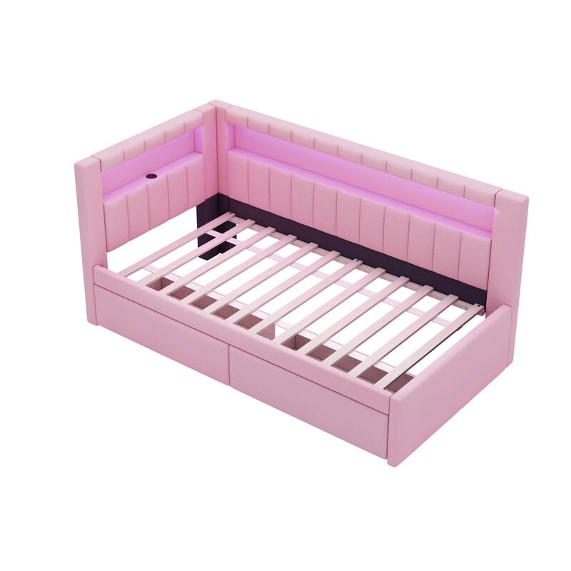 Twin Size Platform Bed with USB Ports, LED Lighting, and 2 Drawers in Pink