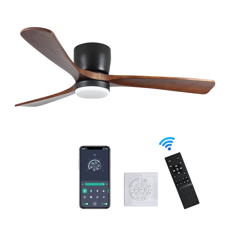 42 inch Black Wood Ceiling Fans with Lights and Remote, Modern Flush Mount Low Profile Ceiling Fan with Light, 6 Speed - Black