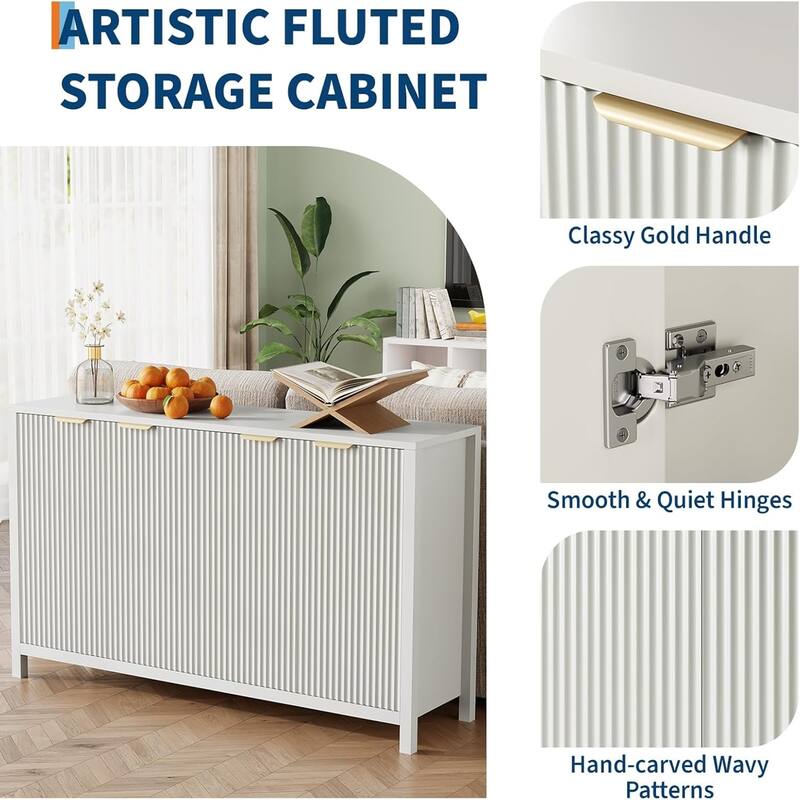 Modern Large Fluted Sideboard Buffet Cabinet , 4 Doors & Adjustable Shelves, 55" Wood Accent Cabinet