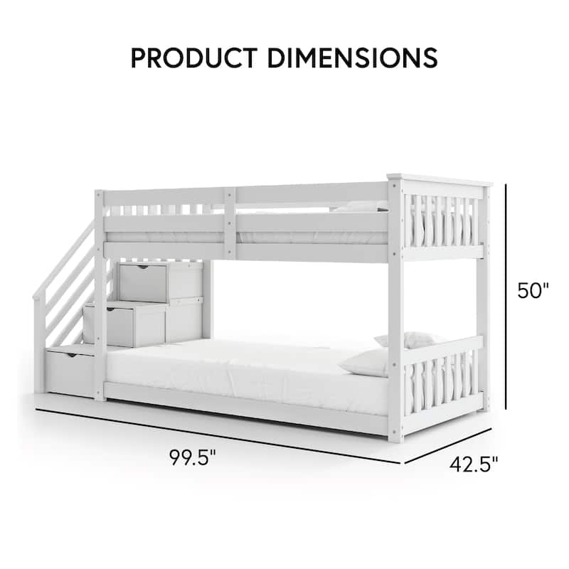 Furniture of America Chalina Modern Pinewood Twin over Twin Low Profile Bunk Bed with 3-Drawer Reversible Storage Staircase