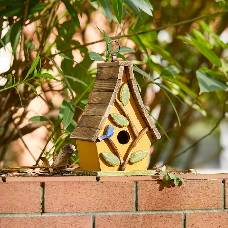 Glitzhome 12.5"H Distressed Solid Wood Birdhouse with 3D Leaves