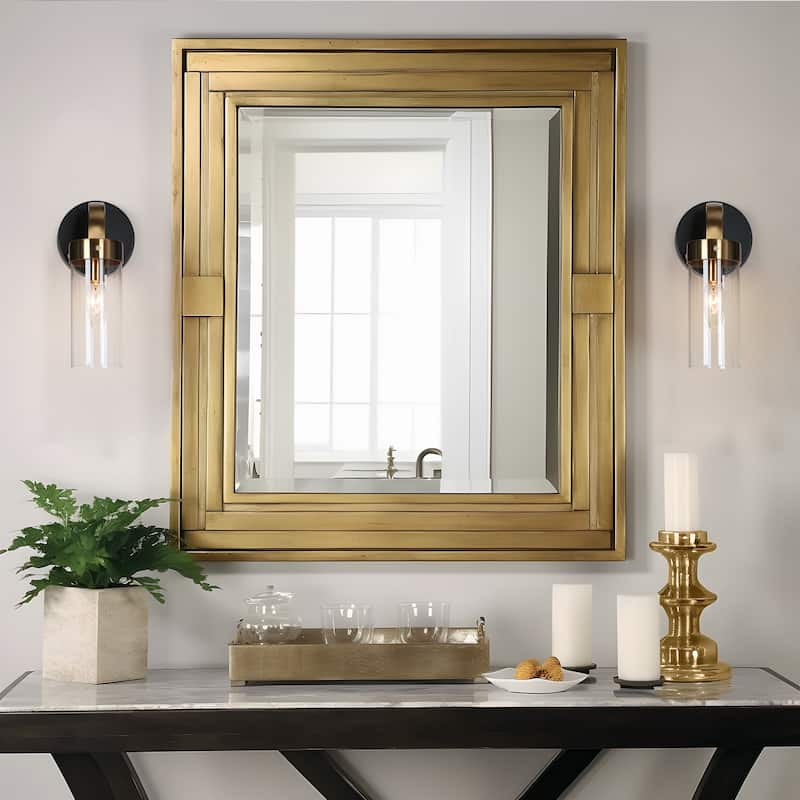 Modern 1-Light Black Gold Cylinder Glass Armed Wall Sconce Dimmable Vanity Light - 4.7" L x 5.5" W x 10" H