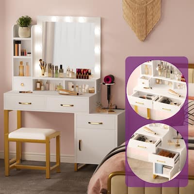 Moasis 42.1" Makeup Vanity Table with Stool and Mirror Bulbs - 42.1''L x 15.3''W x 53.9''H