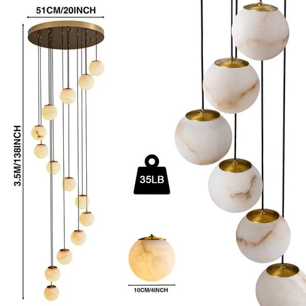dimension image slide 1 of 2, KAYLA Luxury 14-Light Alabaster Globe Chandelier in Vintage Copper Finish, Grand Pendant Light for Stairwells or Foyers - 138in