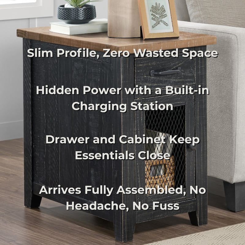 Rustic Solid Wood Chairside End Table with Hidden Charging Station