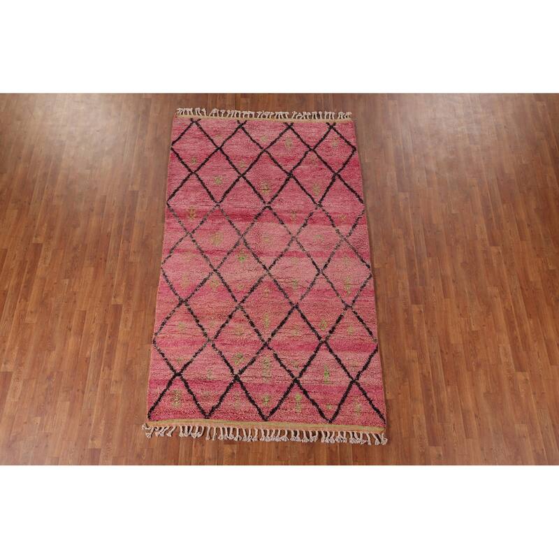 Pink Trellis Plush Moroccan Area Rug Handmade Wool Carpet - 5'3" x 8'10"