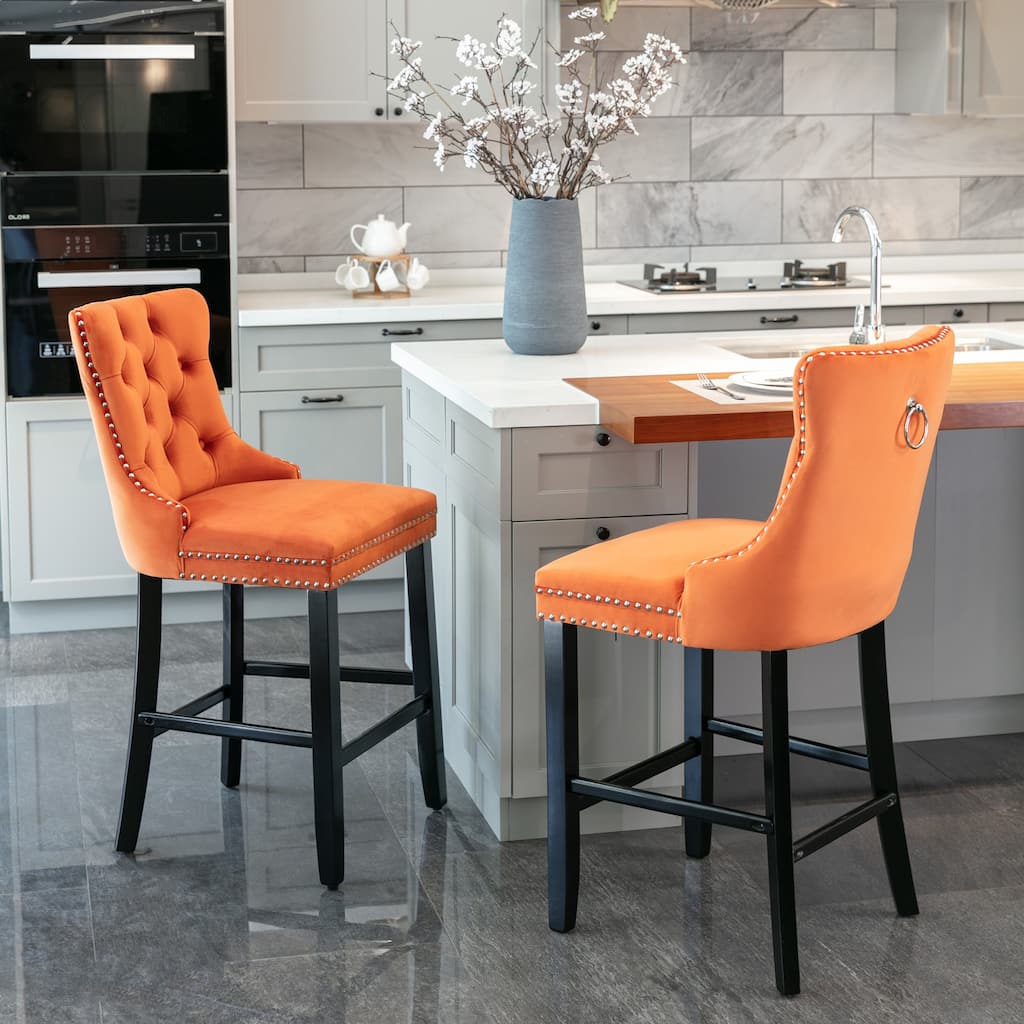 Set of 2 Contemporary Velvet Bar Stools with Button Tufting, Wood Legs & Chrome Nailhead Trim - Orange