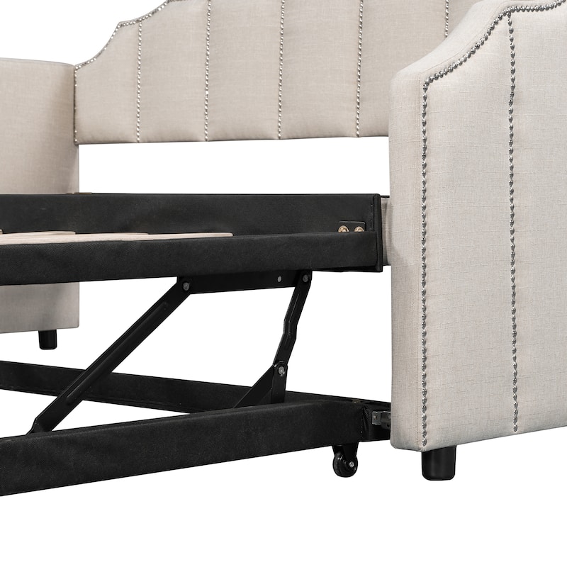 Twin Upholstered Daybed with Pop-Up Trundle, USB Charging Ports, Convertible Sofa Bed