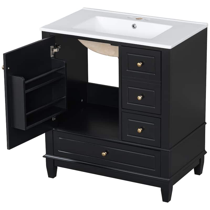 30" Bathroom Vanity w/Ceramic Sink and One-Door Shelf, Water-Resistant Wood One Cabinet Vanities w/ 3 Drawers & Soft Close Door