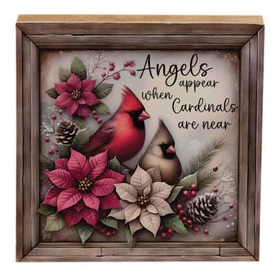 6-Inch Decorative Wooden Winter Block with Cardinal Birds and Poinsettias Holiday Home Decor - 6" H x 6" W x .75" D