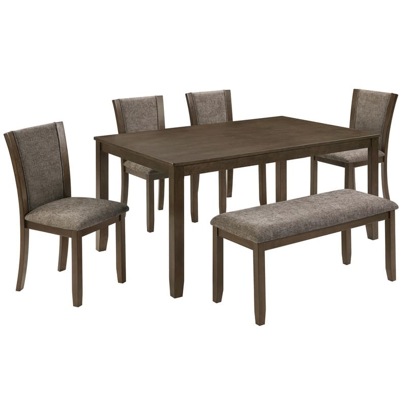 Farmhouse 6-Piece Wooden Dining Table Set with Comfortable Upholstered Chairs and Bench for Family Meals