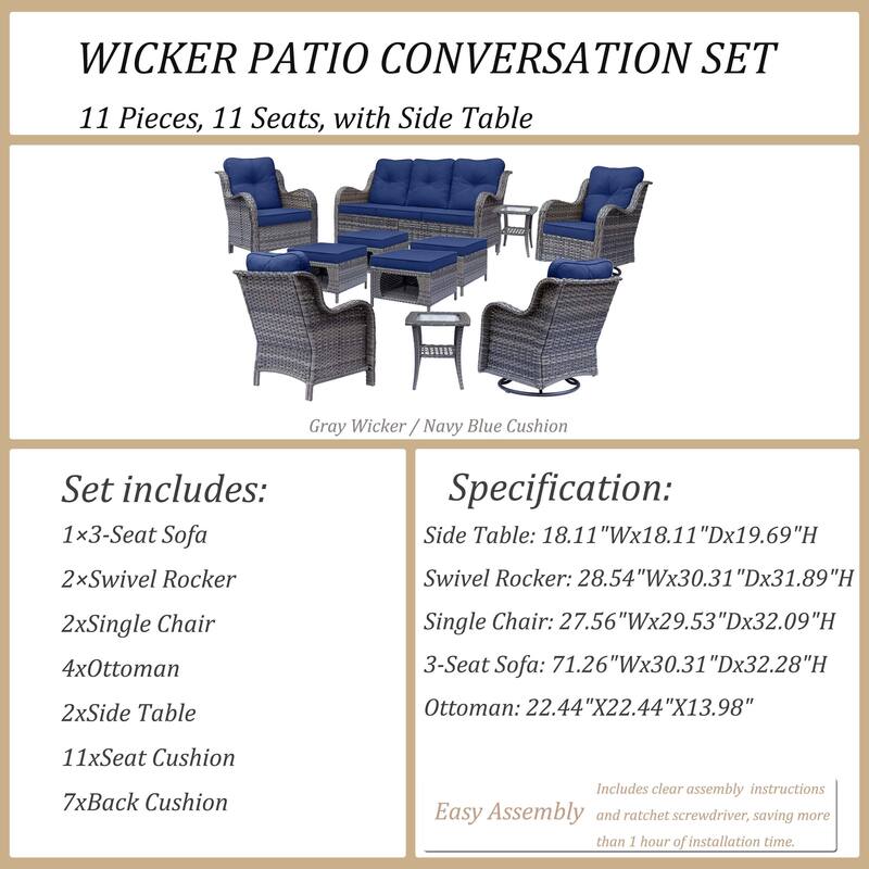 11 Piece Outdoor Wicker Patio Conversation Furniture Swivel Chairs Set
