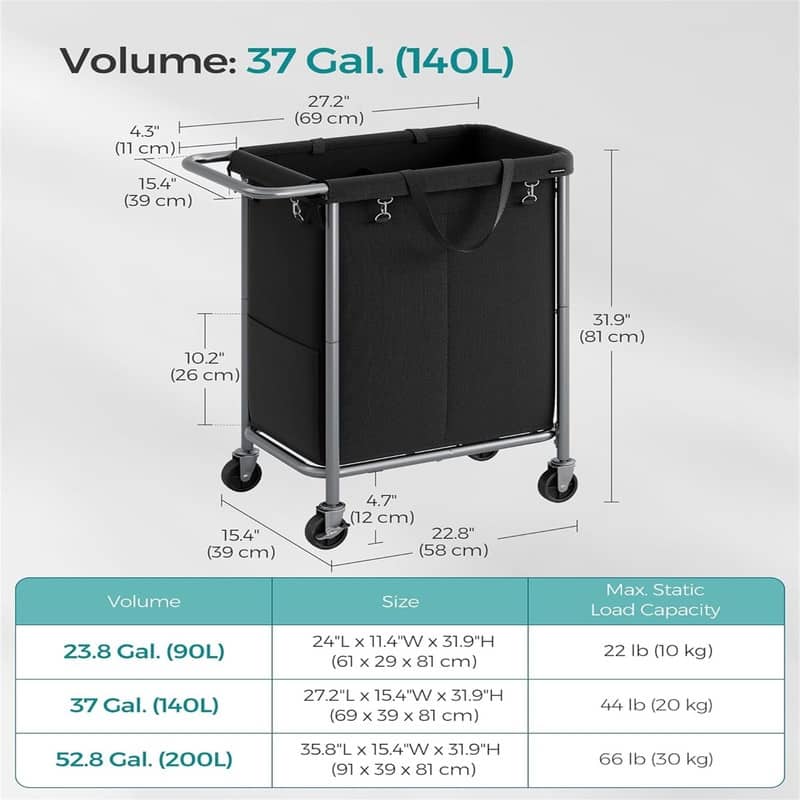 Laundry Basket with Wheels - 27.2"L x 15.4"W x 31.9"H
