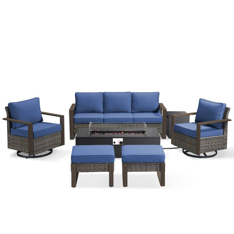 Pocassy Outdoor Sofa Swivel Chair Ottoman w/ 43" Fire Pit Set