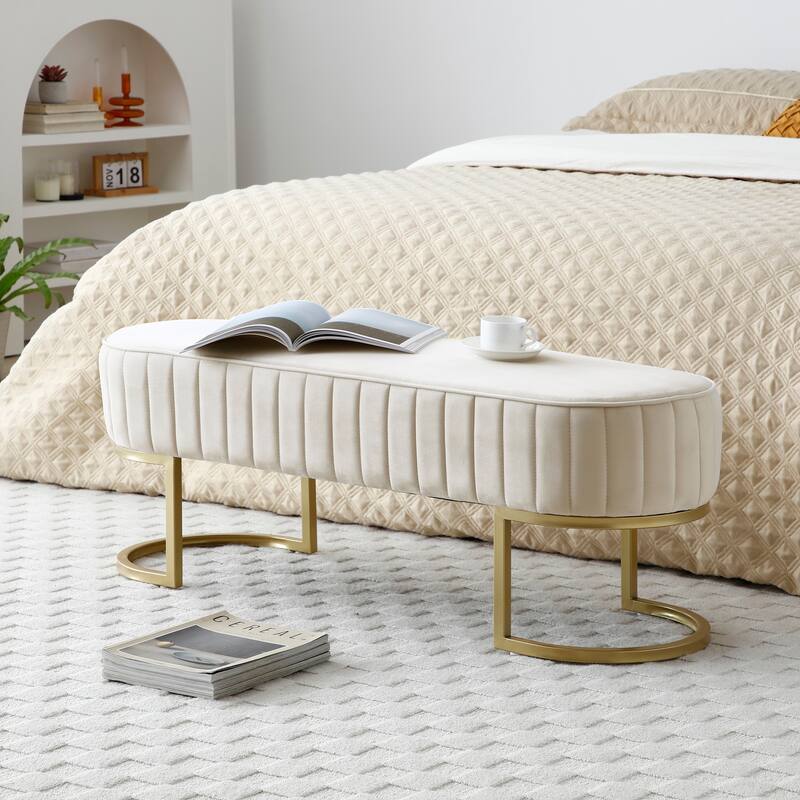 Bench Bedroom Bench ,Velvet Oval Upholstered End of Bed Bench with Golden Metal Legs ,48" Modern Storage Ottoman Bench - Beige