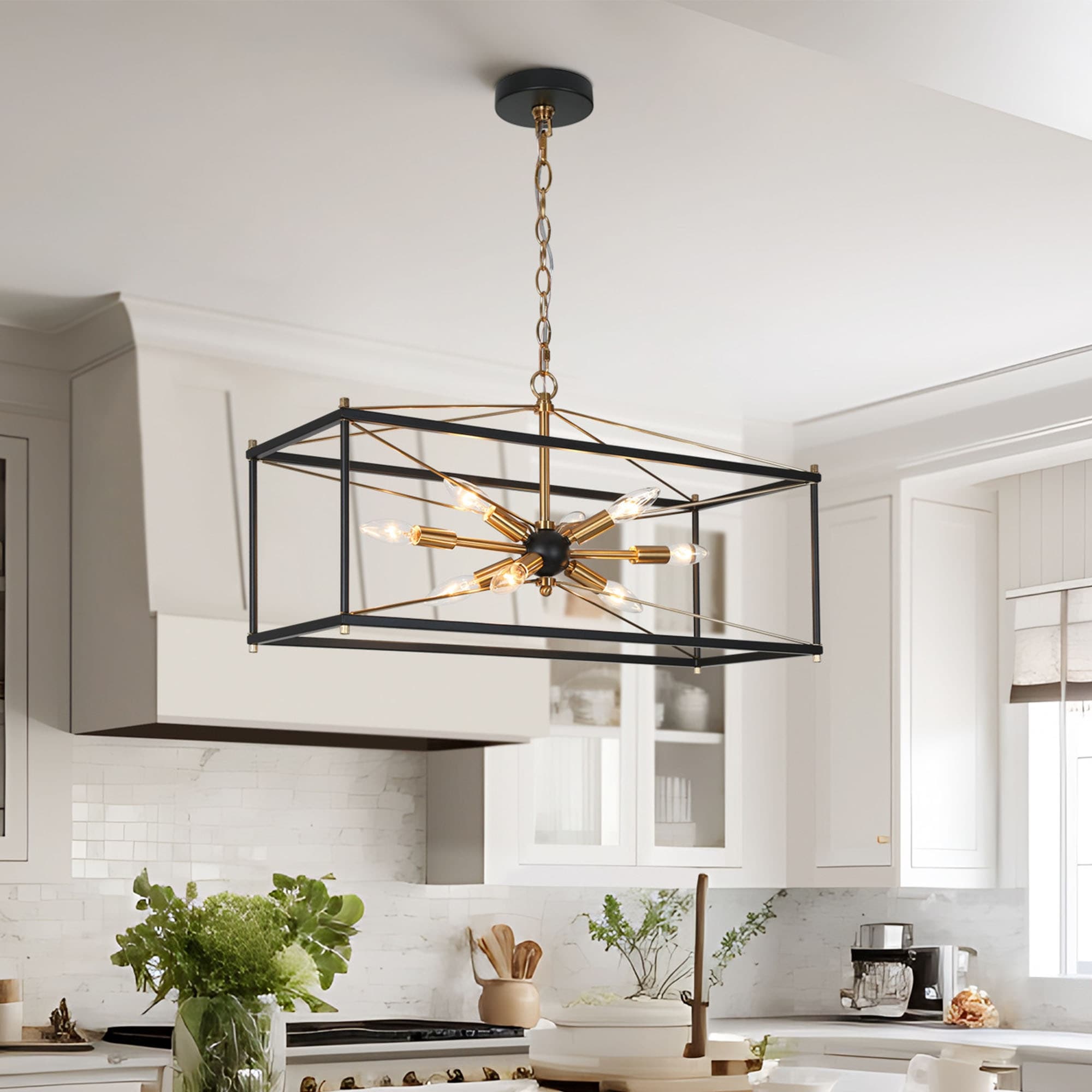 Leno Modern Farmhouse 8 Light Black Gold Rectangle Chandelier Starburst Island Lights for Dining Room 26 L x 10 W x 14 H Black and Brass