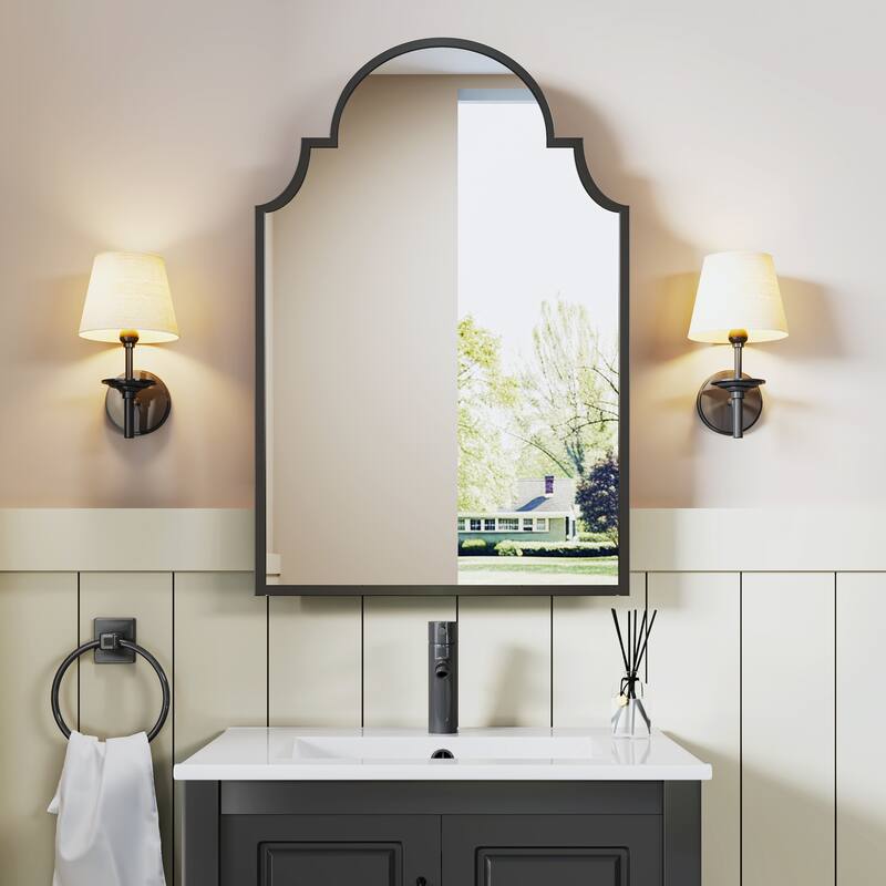 Retro Metal Arched Medicine Cabinet Wall Mount Bathroom Mirror with Storage Adjustable Shelves - 29.9" x 19.7" - Black