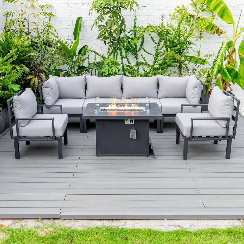Chelsea 7-Piece Outdoor Patio Sectional Set with Firepit Table in Black Aluminum for Backyard Garden and Patio Deck