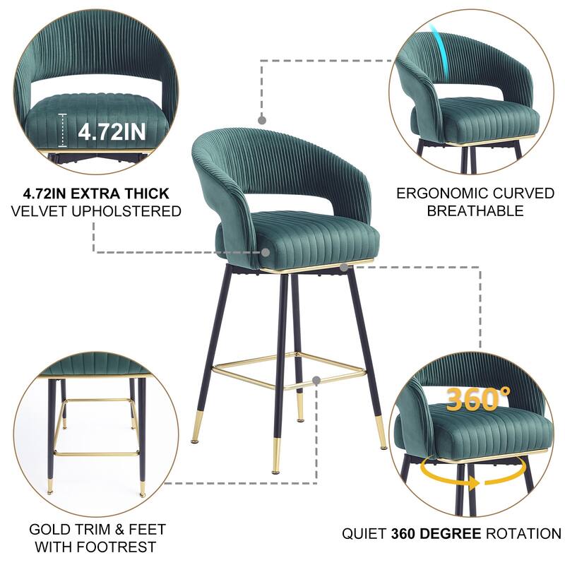 Hausfame Velvet Upholstered Set of 2 Swivel Barstool With Backs - 22.2 in. W X 21.5 in. D X 40 in. H