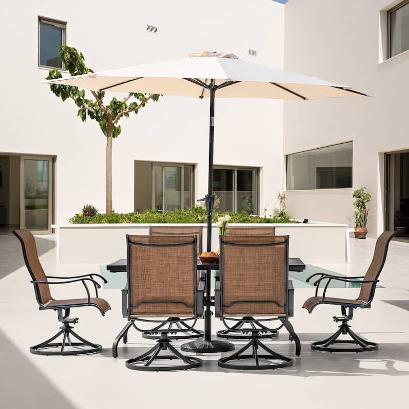 7-Piece Patio Iron Dining Set with Textilene Swivel Chairs, Brown and Black