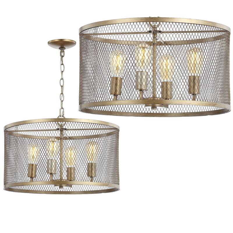 Nile 4-Light 20" Iron Adjustable Industrial Mesh LED Pendant, Gold by JONATHAN Y