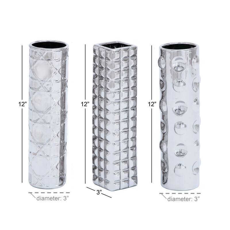 CosmoLiving by Cosmopolitan Sleek Ceramic Glam Vase with Varying Patterns (Set of 3) - Silver, Gold, Dark Blue, White
