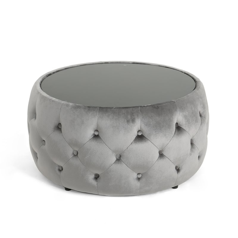 Pirana Ottoman Coffee Table, Gray Tuft Velvet, 30 Inch Tempered Glass