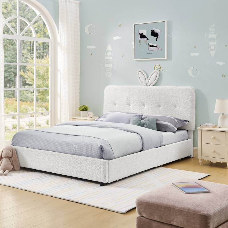 Kids Boucle Upholstered Bed with Rabbit Ear Headboard, LED Music Sync & 4 Drawers