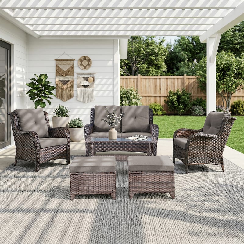Pocassy Outdoor Patio Wciker Sofa Furniture Set of Chair Table. - Brown Wicker with Gray Cushion - 6-Piece Loveseat Chair Ottoman w/ Coffee Table