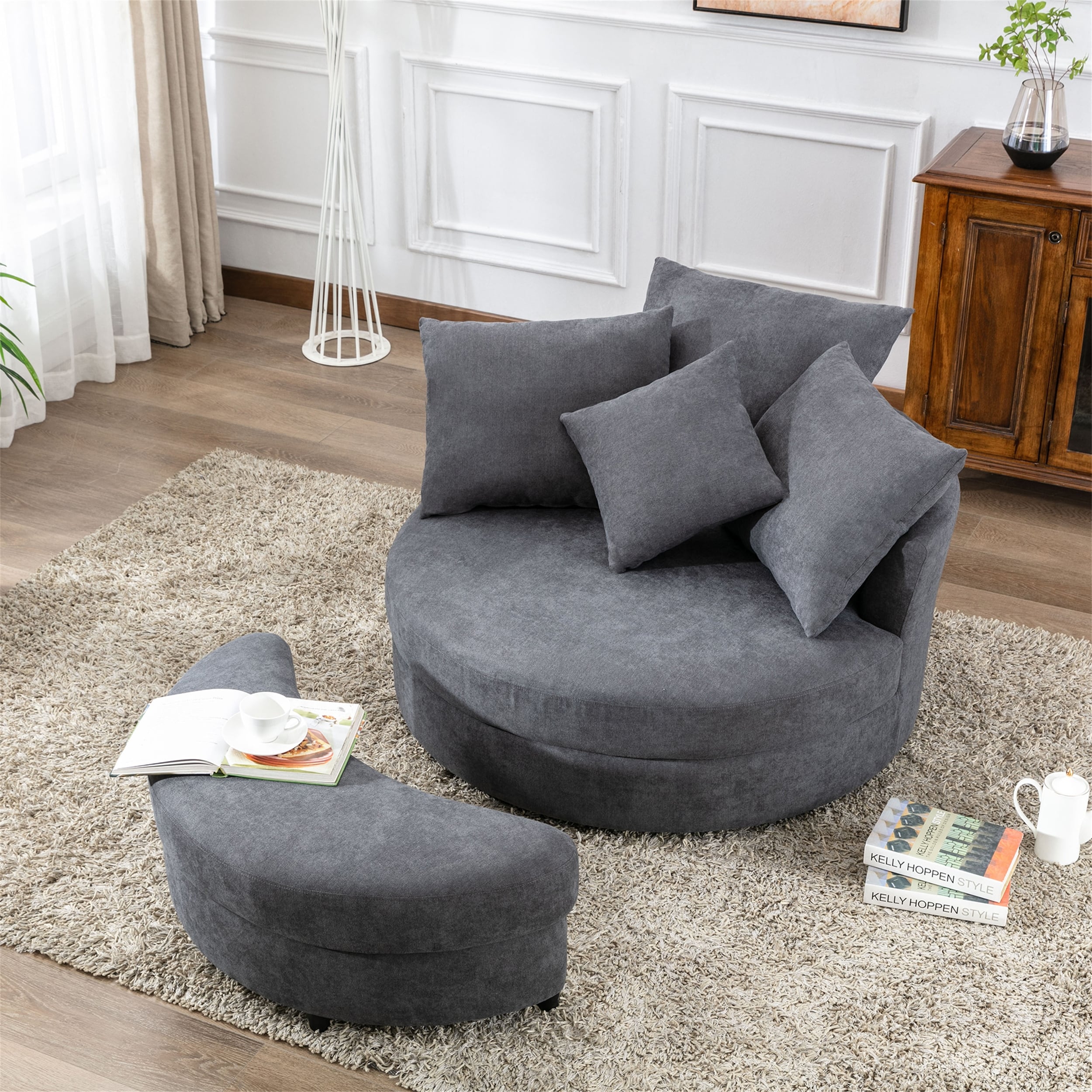 Dark Gray beacon grey Accent Barrel Chair with Ottoman 4 Pillows