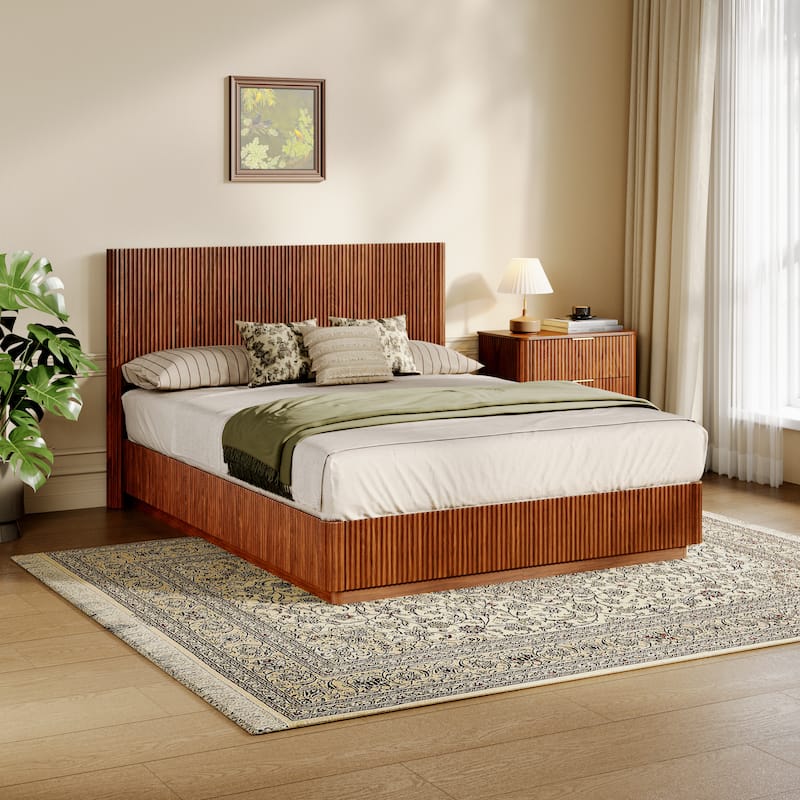 Low Profile Bed Frame with High Headboard, LED Light Strip Under Bed, Wooden Corrugated Curved Platform Bed, Metal Frame Support - Walnut - Queen